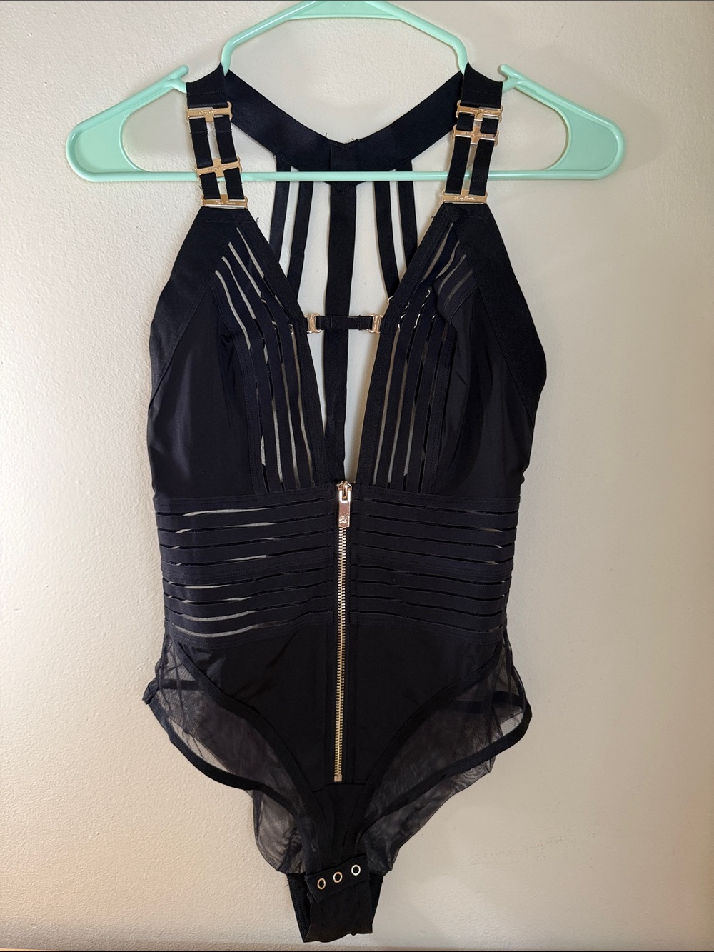 Honey Birdette Linda C Black Strappy Bodysuit with Gold Accents sz. M
